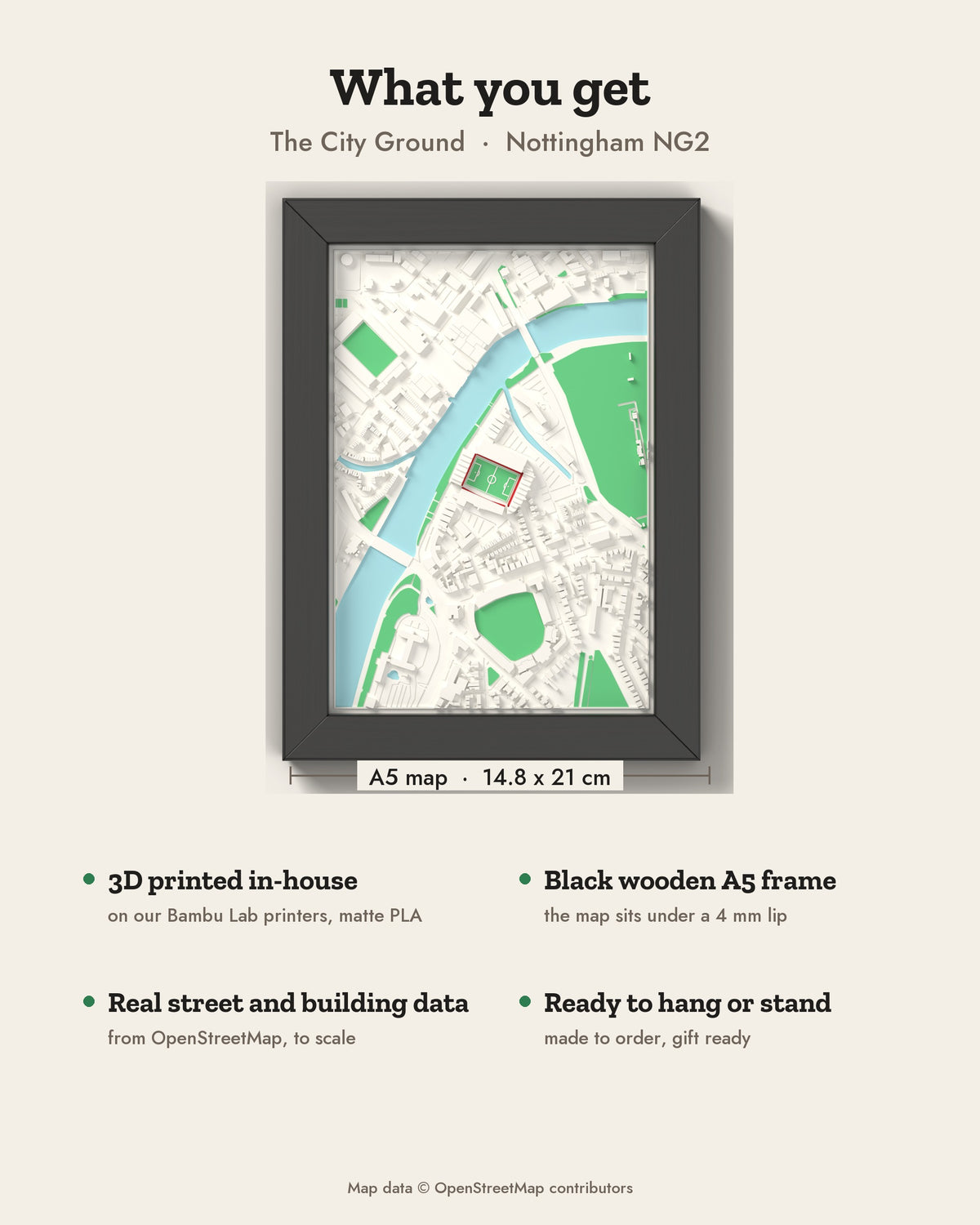 3D The City Ground Map Framed - What you get: A5 3D stadium map, 14.8 x 21 cm, in a black wooden frame