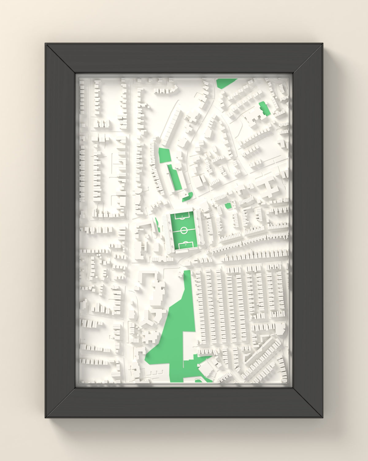3D The Dell Map Framed - 3D printed The Dell lost ground map in a black wooden A5 frame, lit from the side
