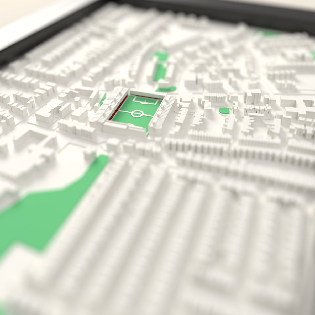 3D The Dell Map Framed - Close-up across the 3D map showing the old The Dell stands and green pitch standing up from the streets