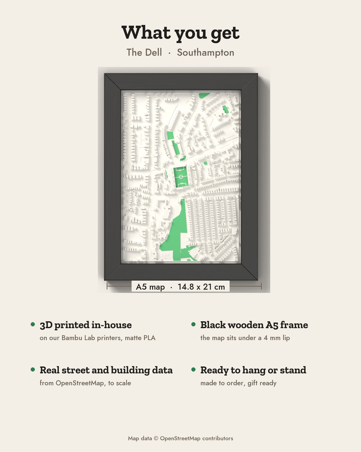 3D The Dell Map Framed - What you get: A5 3D stadium map, 14.8 x 21 cm, in a black wooden frame