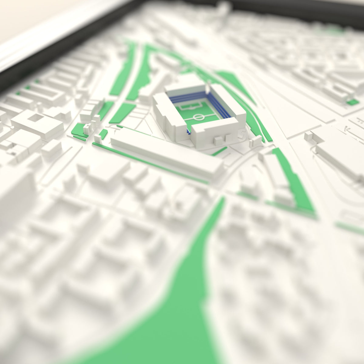 3D The Den Map Framed - Close-up across the 3D map: the real The Den stands with royal blue seats around the green pitch