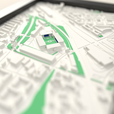 3D The Den Map Framed - Close-up across the 3D map: the real The Den stands with royal blue seats around the green pitch