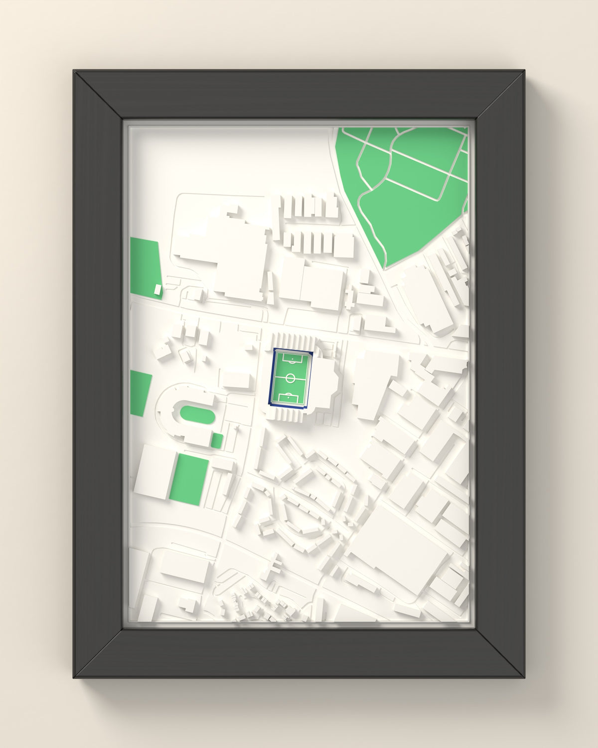 3D The Hawthorns Map Framed - 3D printed The Hawthorns map in a black wooden A5 frame, lit from the side