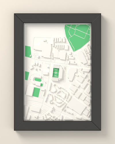 3D The Hawthorns Map Framed - 3D printed The Hawthorns map in a black wooden A5 frame, lit from the side