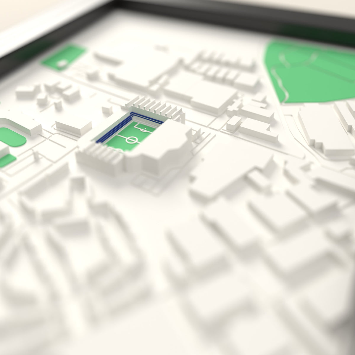 3D The Hawthorns Map Framed - Close-up across the 3D map: the real The Hawthorns stands with royal blue seats around the green pitch