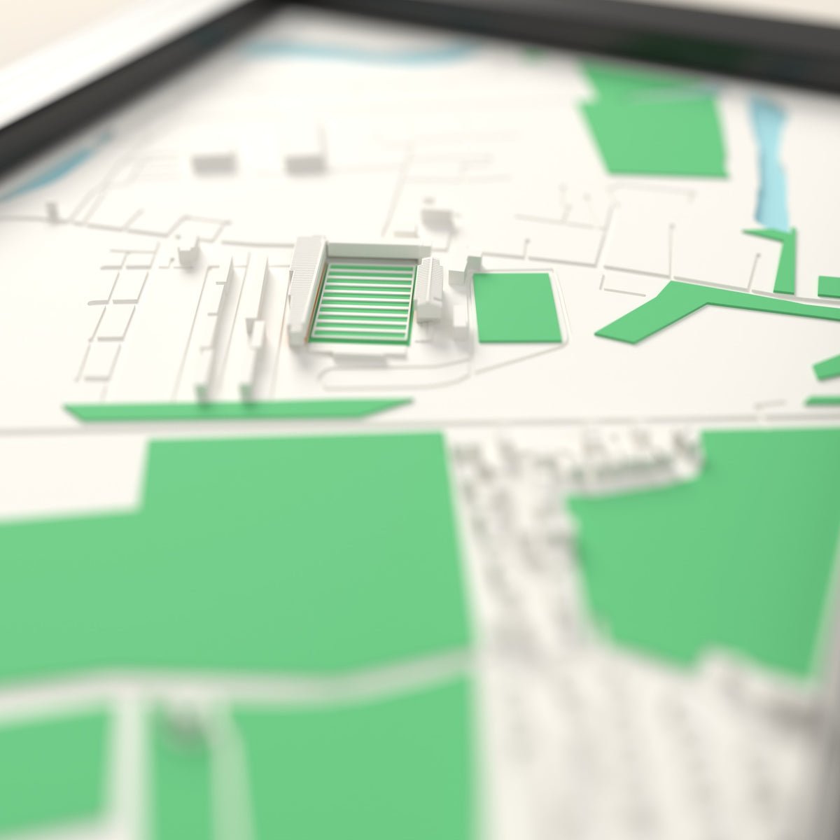 3D The Jungle Map Framed - Close-up across the 3D map: the real The Jungle stands with amber seats around the green pitch