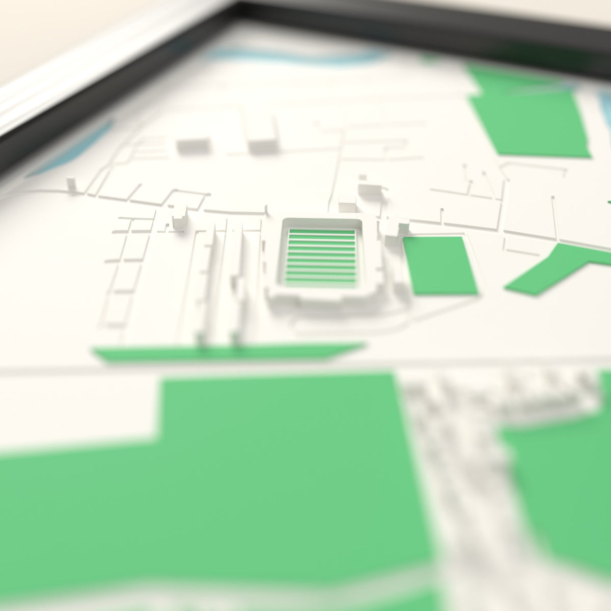 3D The Jungle Map Framed - Close-up across the 3D map showing the The Jungle stands and green pitch standing up from the streets