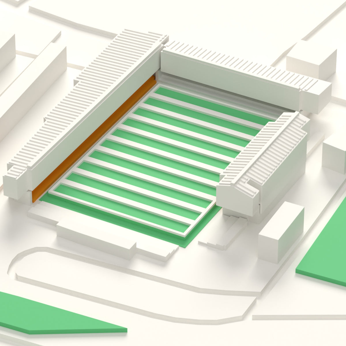 3D The Jungle Map Framed - Close-up of the 3D printed Jungle, Castleford: the gabled Main Stand roof and the long low corrugated stand roofs