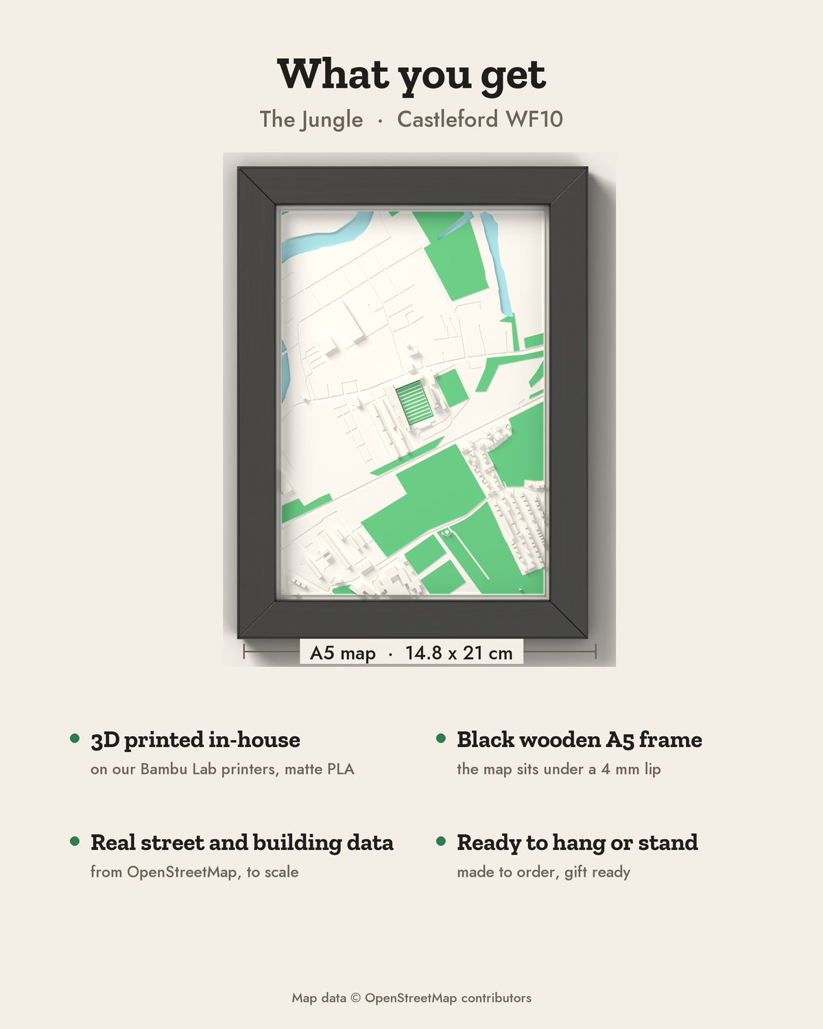 3D The Jungle Map Framed - What you get: A5 3D stadium map, 14.8 x 21 cm, in a black wooden frame