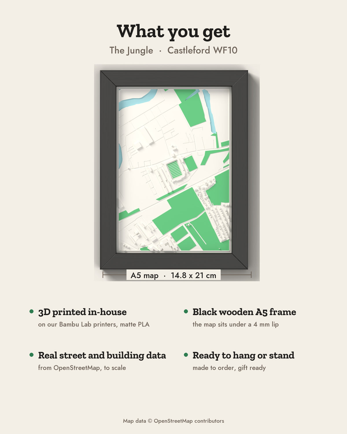 3D The Jungle Map Framed - What you get: A5 3D stadium map, 14.8 x 21 cm, in a black wooden frame