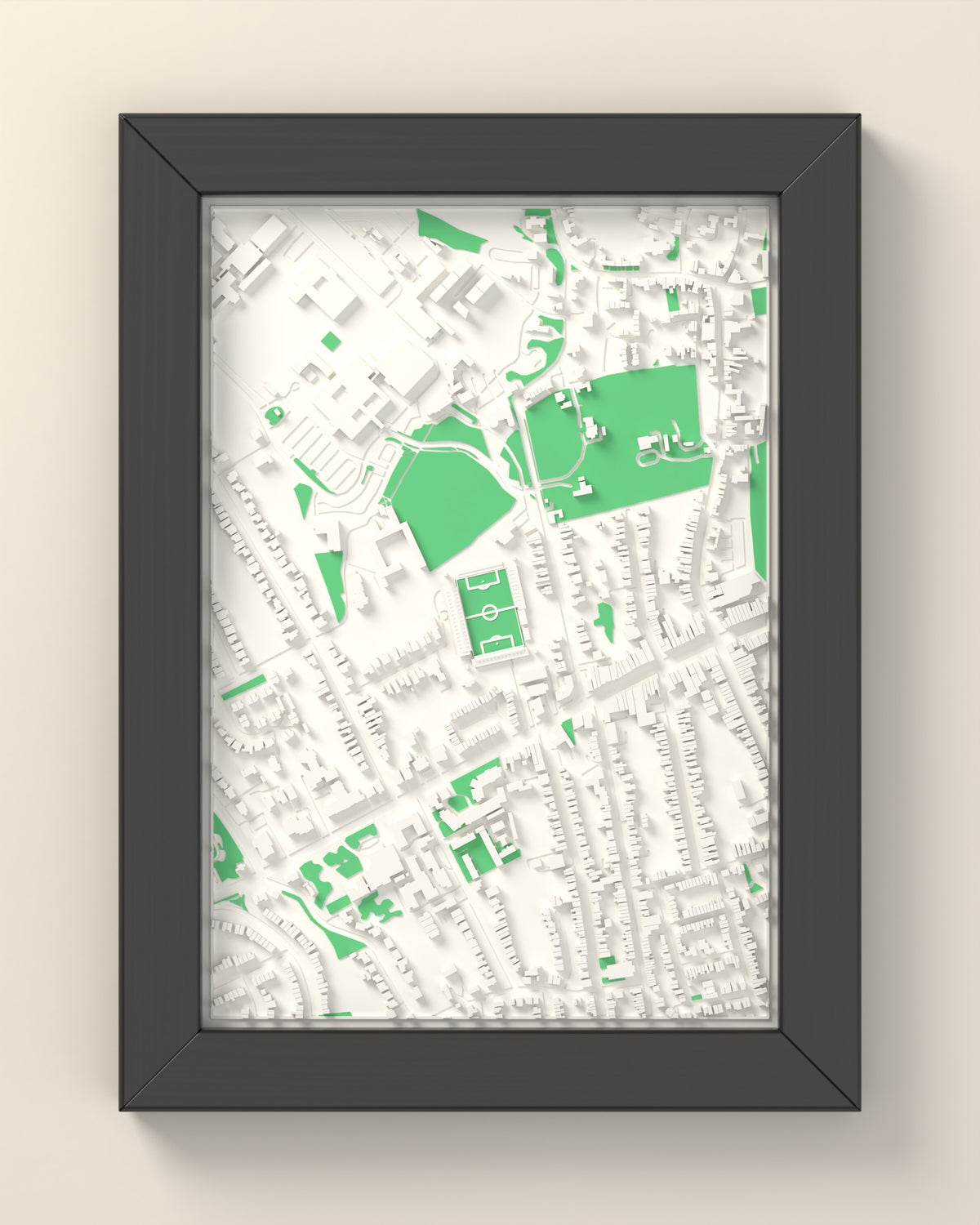 3D The Manor Ground Map Framed - 3D printed The Manor Ground lost ground map in a black wooden A5 frame, lit from the side
