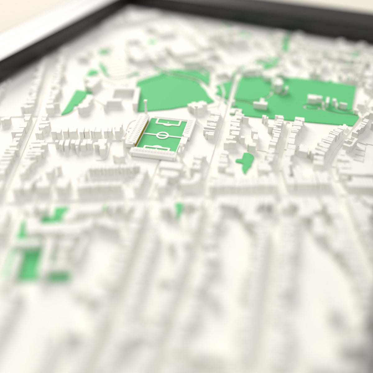 3D The Manor Ground Map Framed - Close-up across the 3D map showing the old The Manor Ground stands and green pitch standing up from the streets