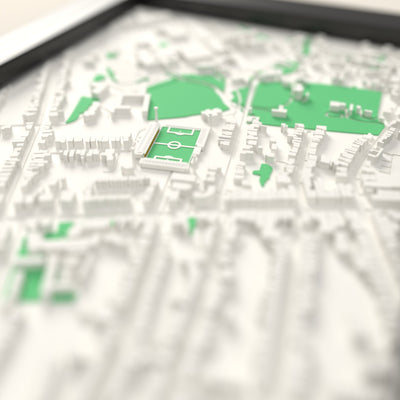 3D The Manor Ground Map Framed - Close-up across the 3D map showing the old The Manor Ground stands and green pitch standing up from the streets