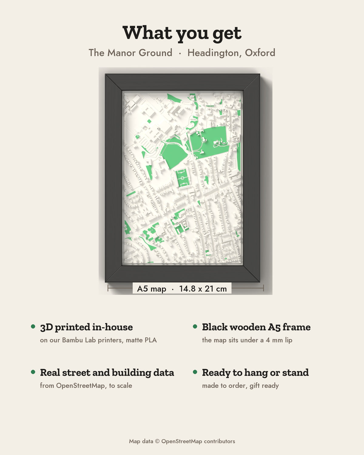 3D The Manor Ground Map Framed - What you get: A5 3D stadium map, 14.8 x 21 cm, in a black wooden frame
