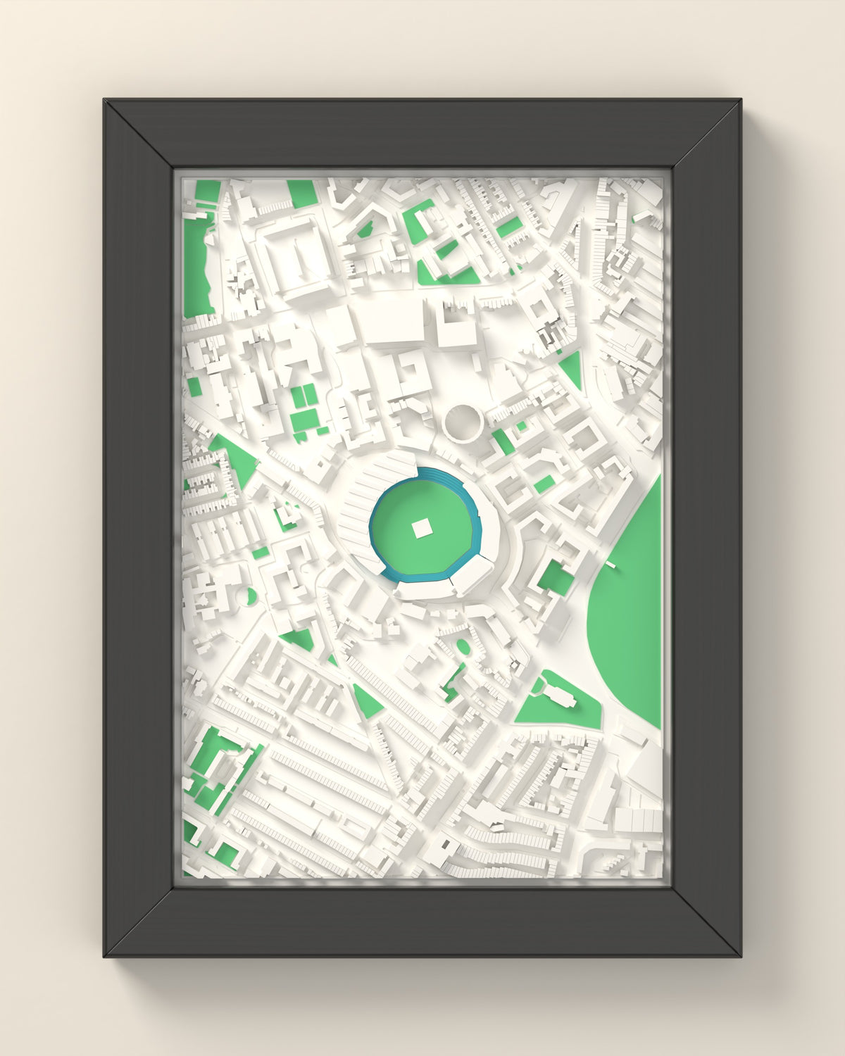 3D The Oval Cricket Ground Map Framed - 3D printed The Oval map in a black wooden A5 frame, lit from the side