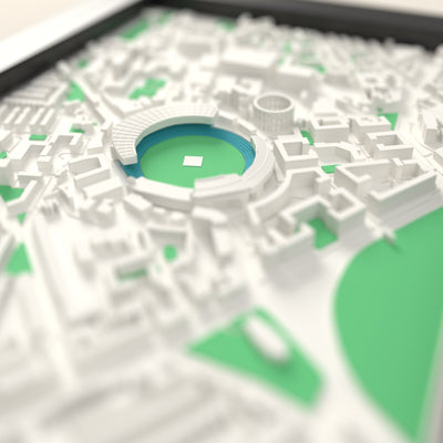 3D The Oval Cricket Ground Map Framed - Close-up across the 3D map: the The Oval stands around the green outfield standing up from the streets