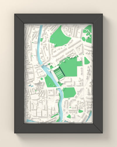 3D The Recreation Ground Map Framed - 3D printed The Recreation Ground map in a black wooden A5 frame, lit from the side