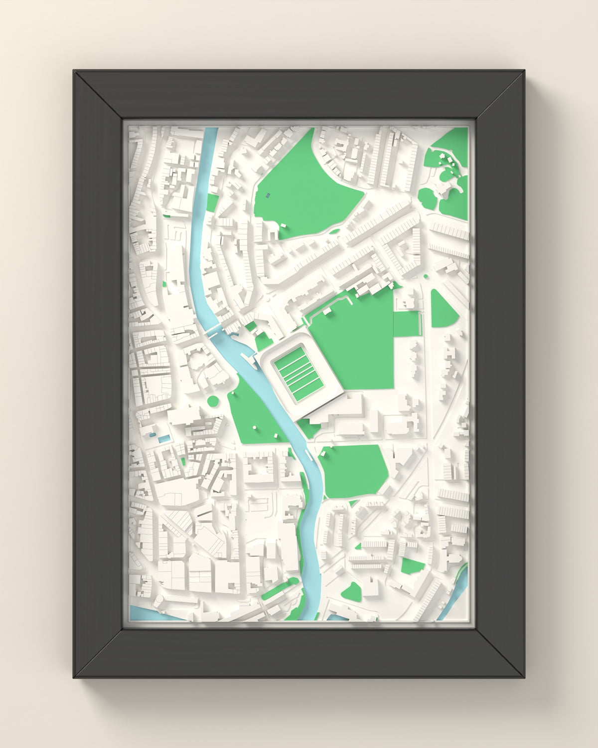 3D The Recreation Ground Map Framed - 3D printed The Recreation Ground map in a black wooden A5 frame, lit from the side