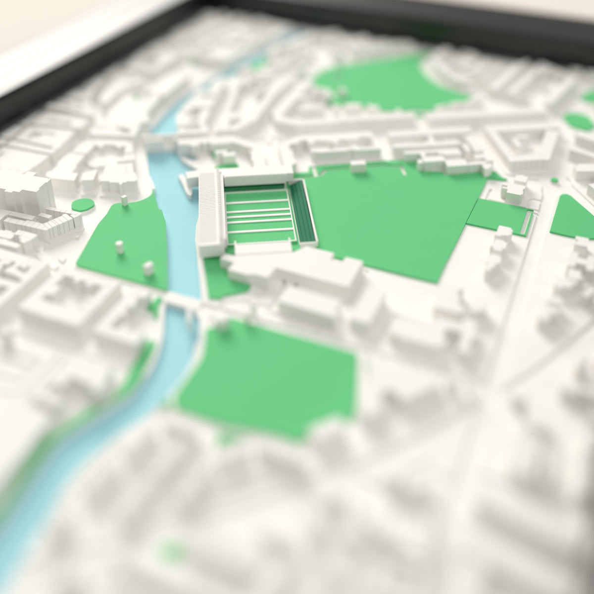3D The Recreation Ground Map Framed - Close-up across the 3D map: the real The Recreation Ground stands with green seats around the green pitch