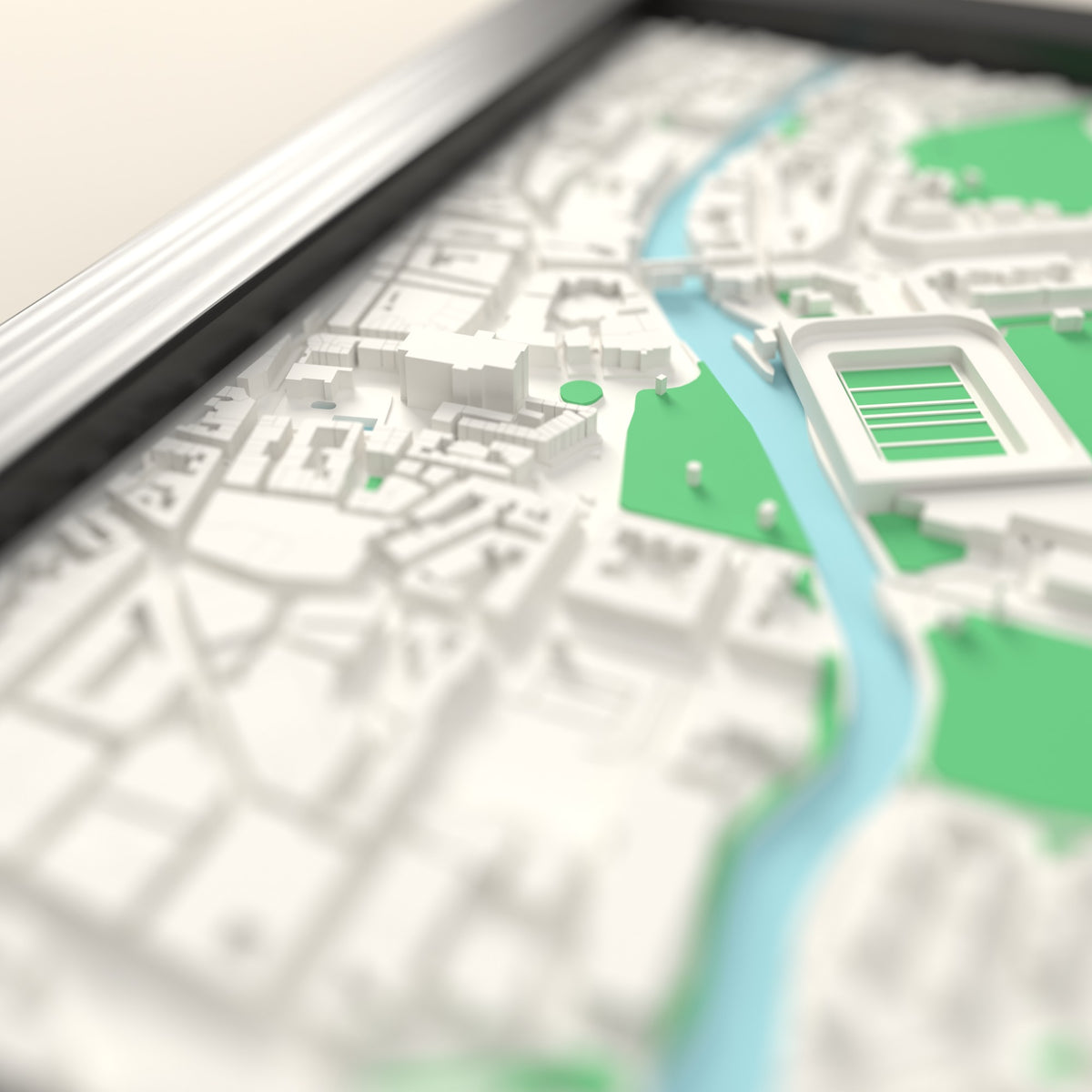 3D The Recreation Ground Map Framed - Close-up across the 3D map showing the The Recreation Ground stands and green pitch standing up from the streets