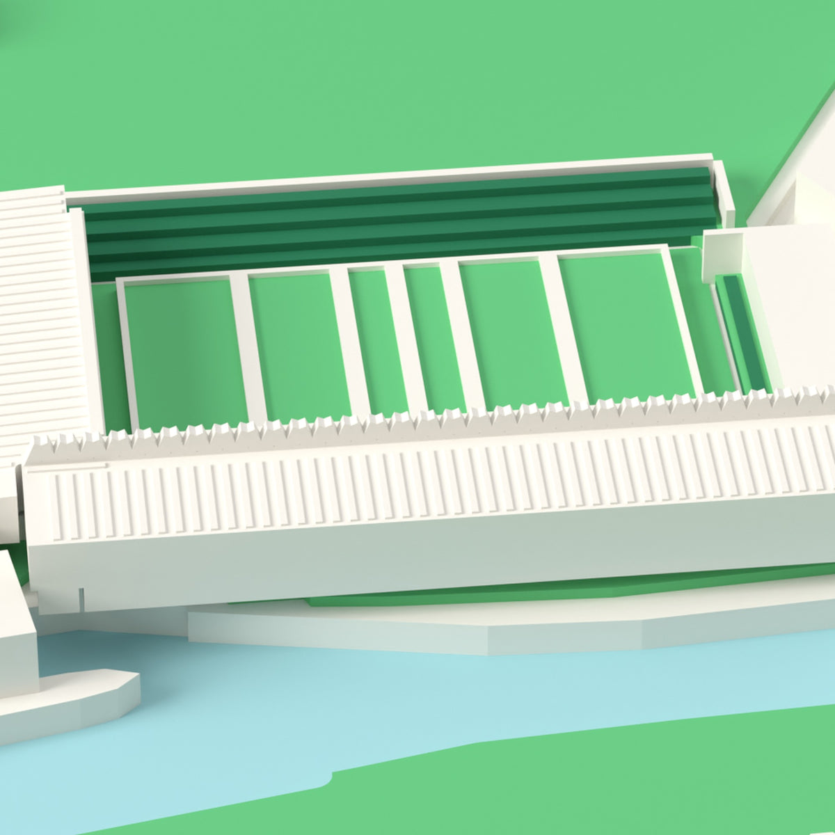 3D The Recreation Ground Map Framed - Close-up of the 3D printed Rec, Bath: the main stand roof with its row of tent peaks beside the River Avon