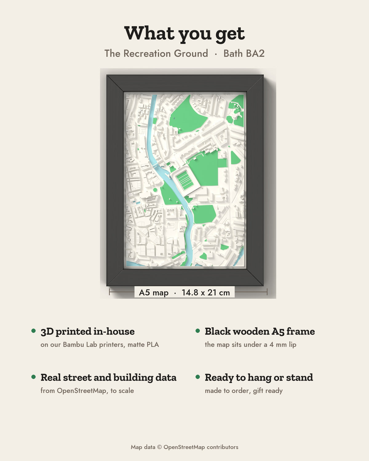 3D The Recreation Ground Map Framed - What you get: A5 3D stadium map, 14.8 x 21 cm, in a black wooden frame
