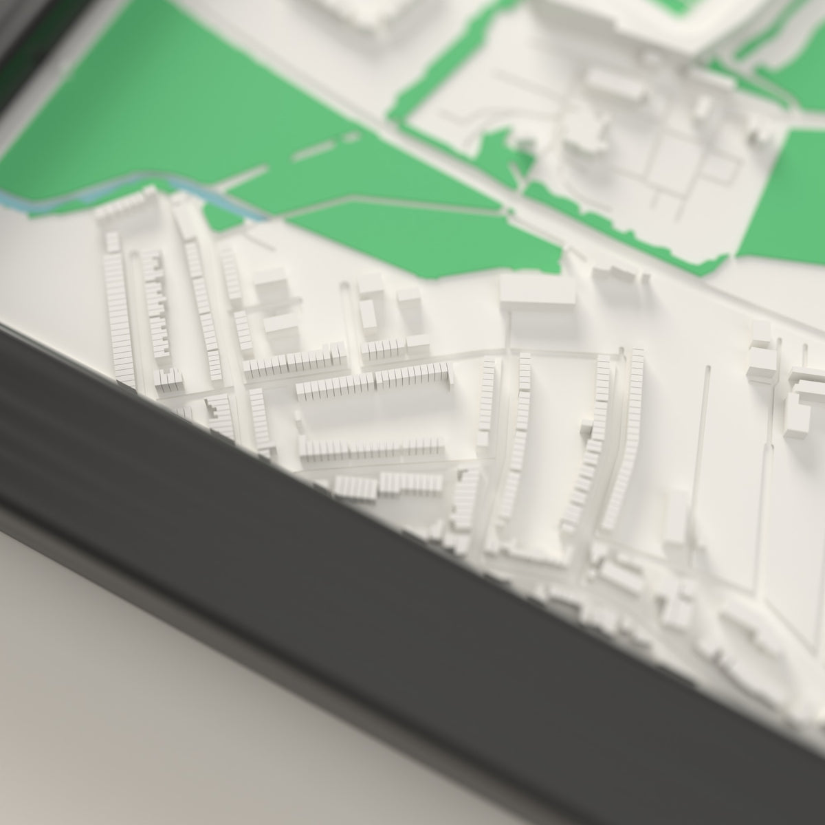 3D The Stoop Map Framed - Close-up of the raised streets and buildings around The Stoop on the 3D printed map