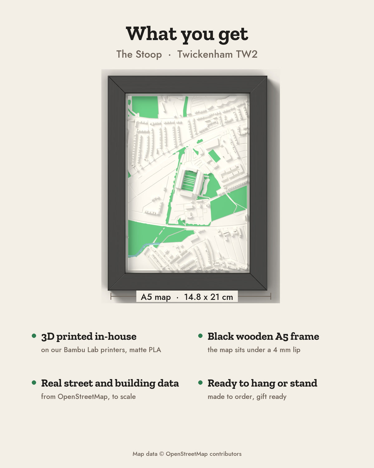 3D The Stoop Map Framed - What you get: A5 3D stadium map, 14.8 x 21 cm, in a black wooden frame