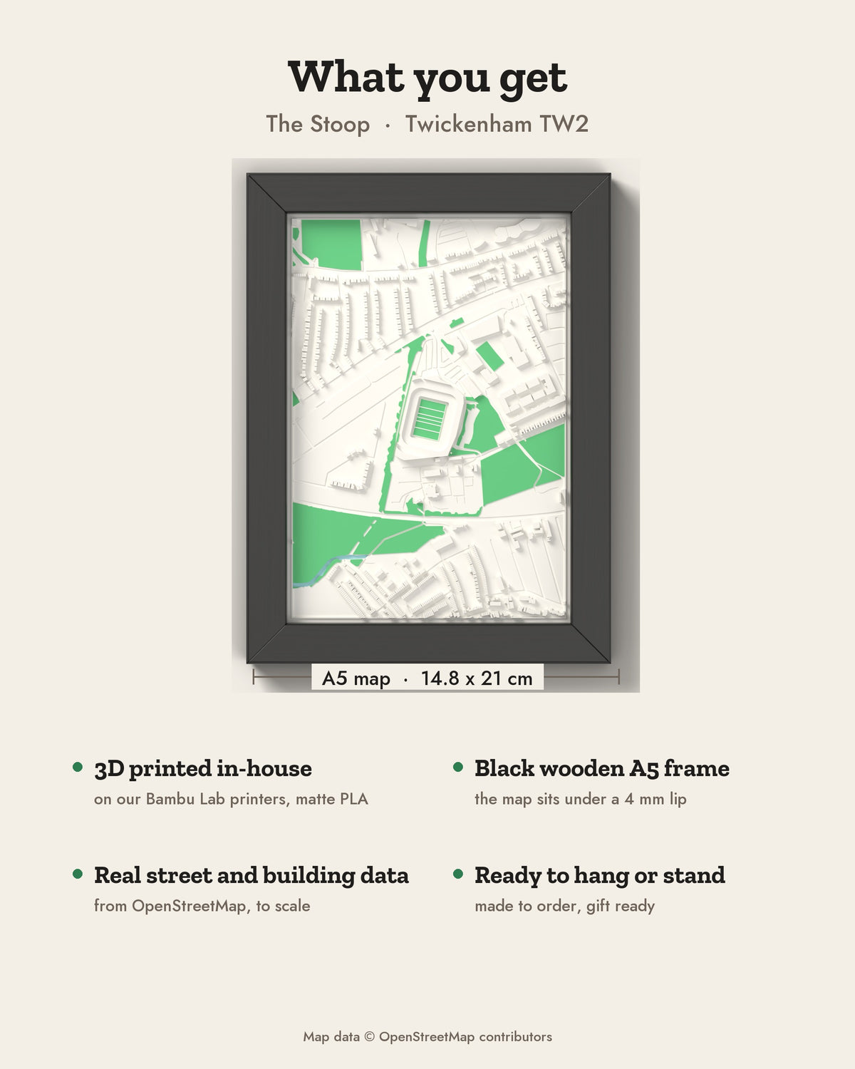 3D The Stoop Map Framed - What you get: A5 3D stadium map, 14.8 x 21 cm, in a black wooden frame