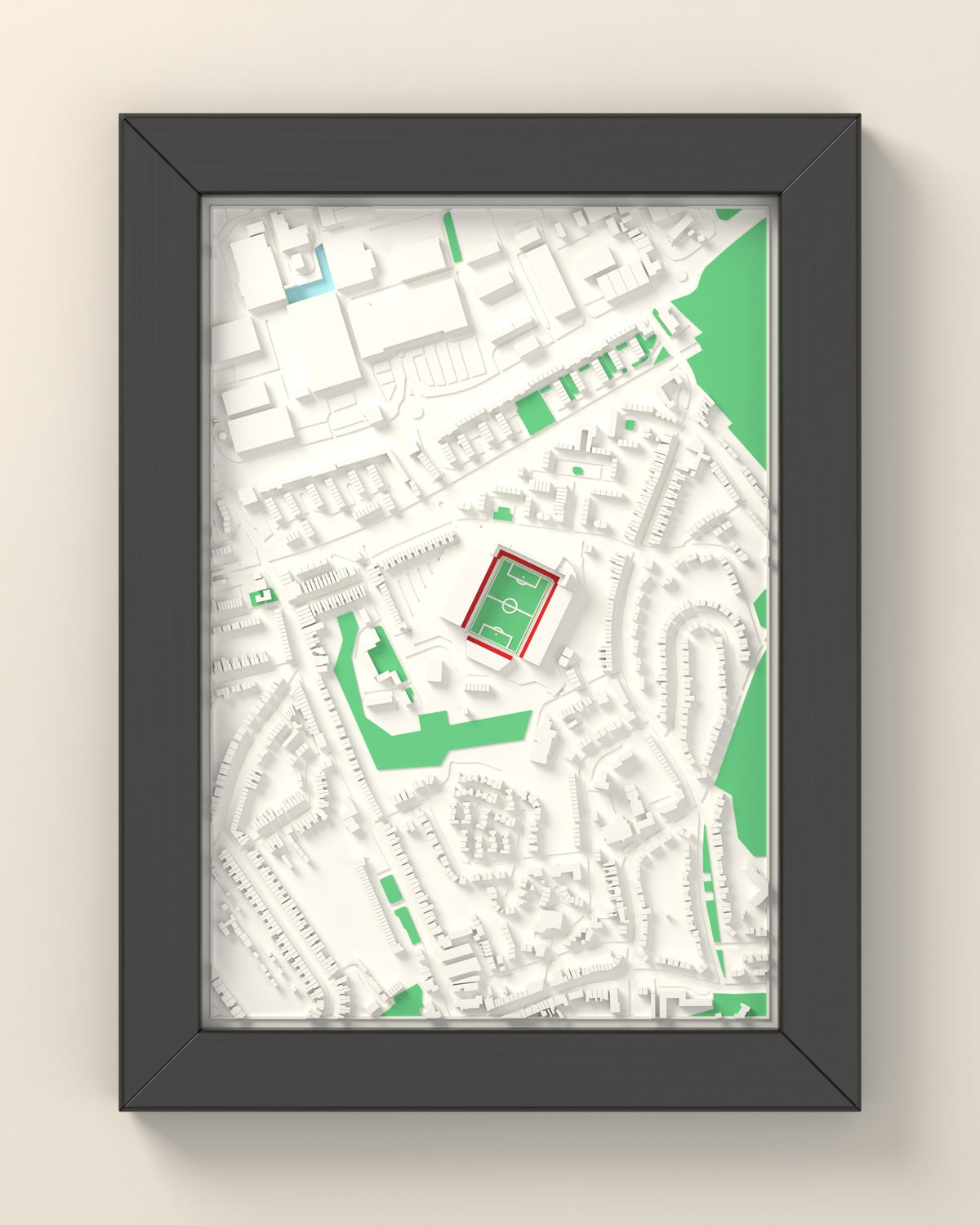 3D The Valley Map Framed - 3D printed The Valley map in a black wooden A5 frame, lit from the side
