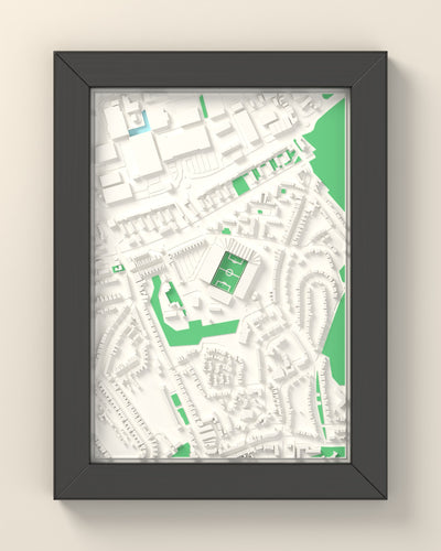 3D The Valley Map Framed - 3D printed The Valley map in a black wooden A5 frame, lit from the side