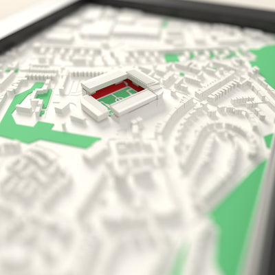 3D The Valley Map Framed - Close-up across the 3D map: the real The Valley stands with red seats around the green pitch