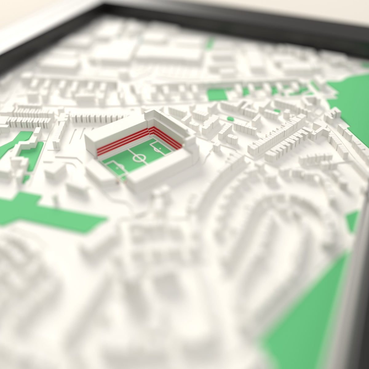 3D The Valley Map Framed - Close-up across the 3D map: the real The Valley stands with red seats around the green pitch