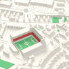 3D The Valley Map Framed - Detail of the 3D printed The Valley: every stand modelled from the real ground, seats in red