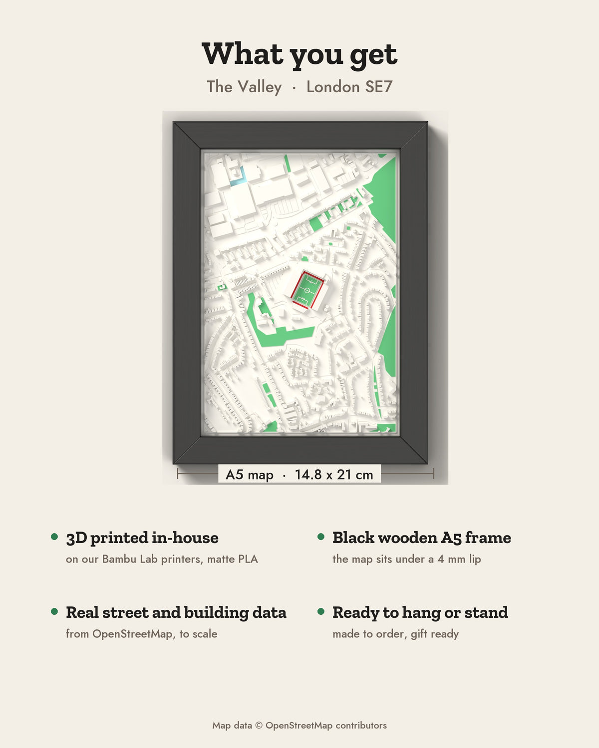 3D The Valley Map Framed - What you get: A5 3D stadium map, 14.8 x 21 cm, in a black wooden frame