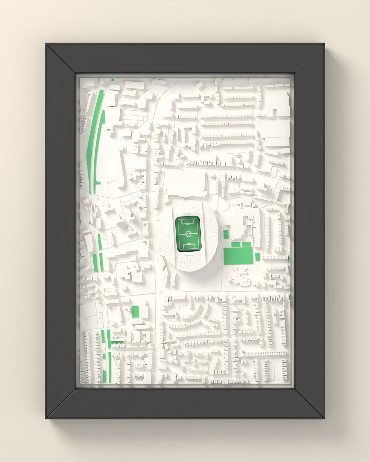 3D Tottenham Hotspur Stadium Map Framed - 3D printed Tottenham Hotspur Stadium map in a black wooden A5 frame, lit from the side