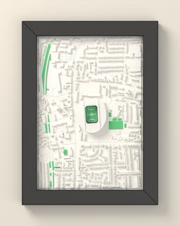 3D Tottenham Hotspur Stadium Map Framed - 3D printed Tottenham Hotspur Stadium map in a black wooden A5 frame, lit from the side