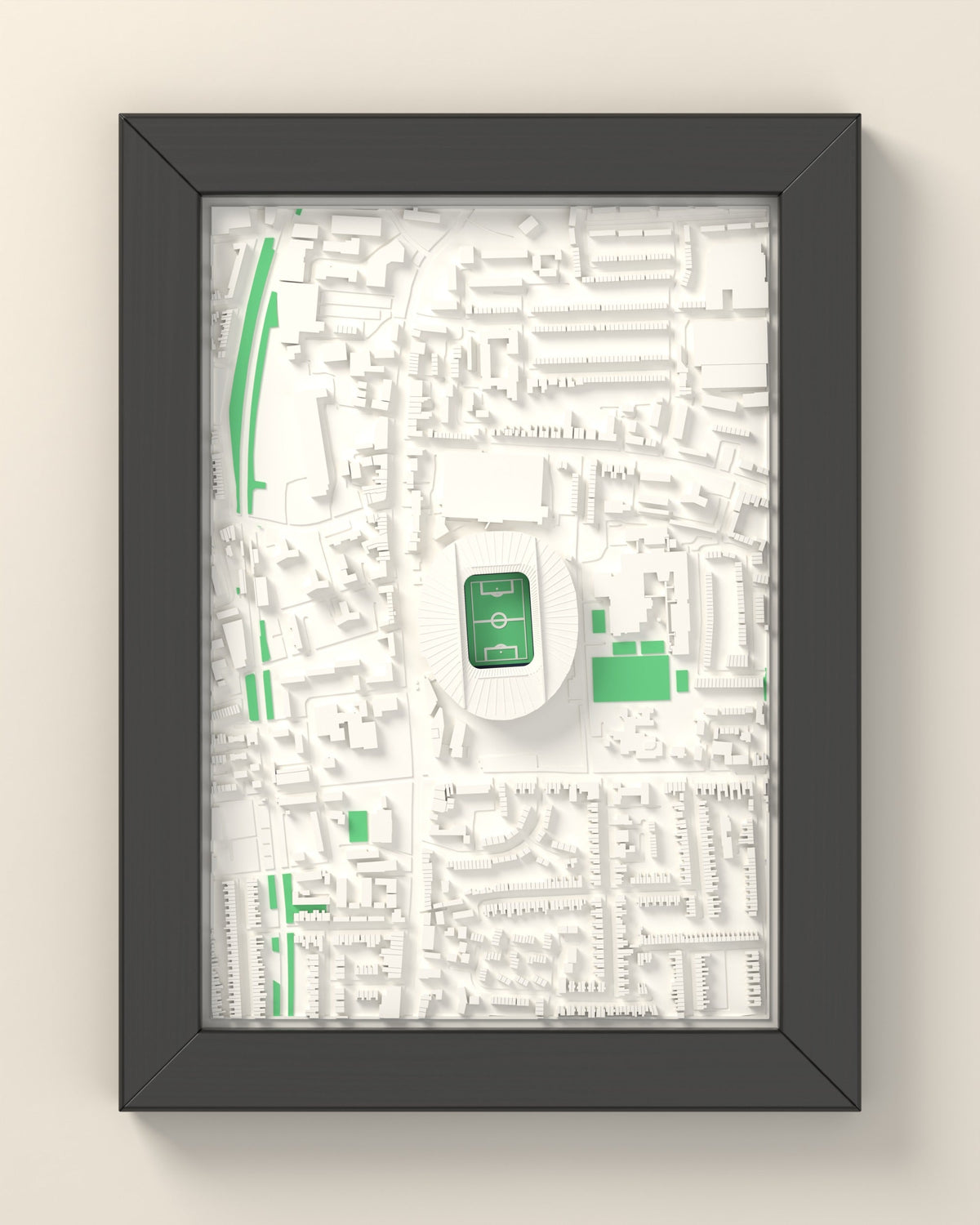 3D Tottenham Hotspur Stadium Map Framed - 3D printed Tottenham Hotspur Stadium map in a black wooden A5 frame, lit from the side