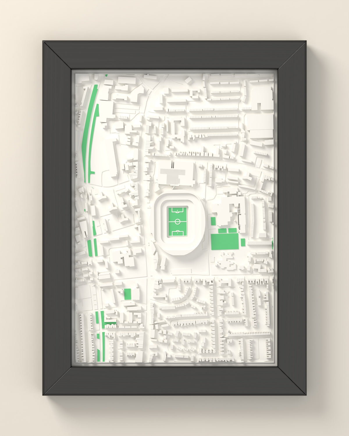 3D Tottenham Hotspur Stadium Map Framed - 3D printed Tottenham Hotspur Stadium map in a black wooden A5 frame, lit from the side