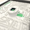 3D Tottenham Hotspur Stadium Map Framed - Close-up across the 3D map: the real Tottenham Hotspur Stadium stands with navy seats around the green pitch