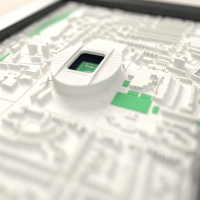 3D Tottenham Hotspur Stadium Map Framed - Close-up across the 3D map: the real Tottenham Hotspur Stadium stands with navy seats around the green pitch