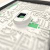 3D Tottenham Hotspur Stadium Map Framed - Close-up across the 3D map: the real Tottenham Hotspur Stadium stands with navy seats around the green pitch