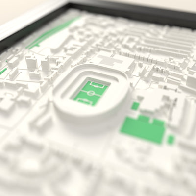 3D Tottenham Hotspur Stadium Map Framed - Close-up across the 3D map showing the stadium bowl and green pitch standing up from the streets of N17