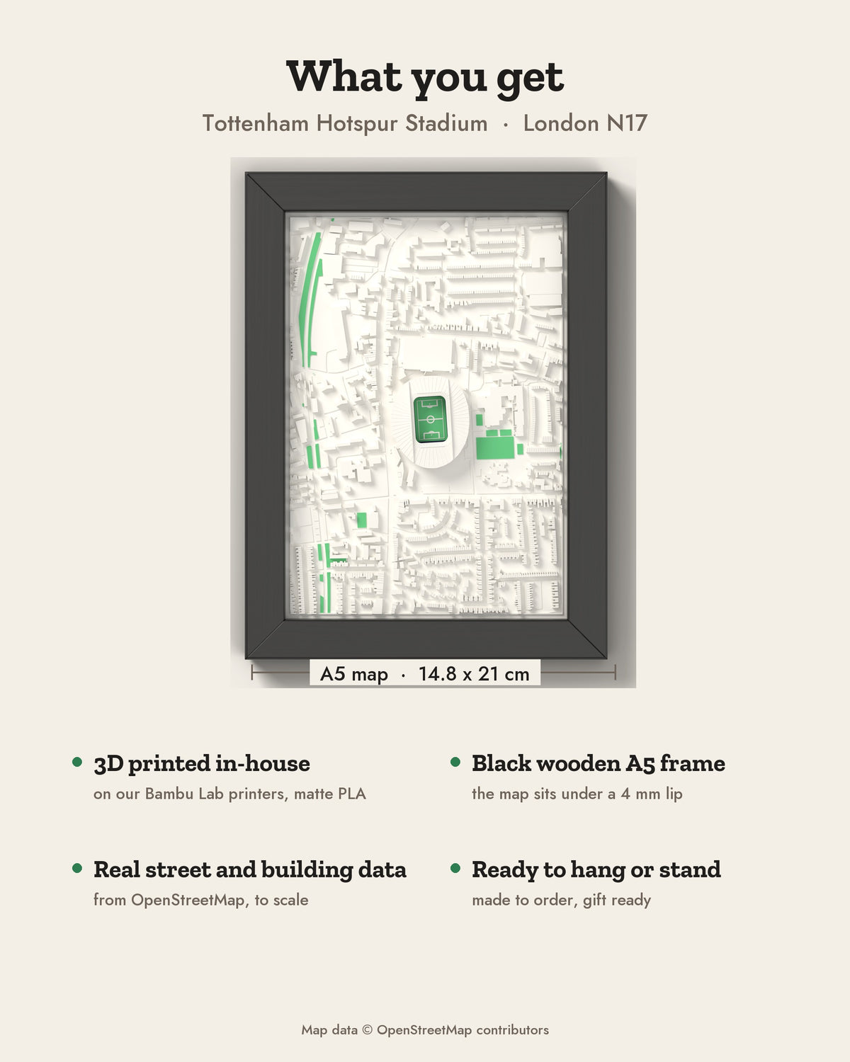 3D Tottenham Hotspur Stadium Map Framed - What you get: A5 3D stadium map, 14.8 x 21 cm, in a black wooden frame