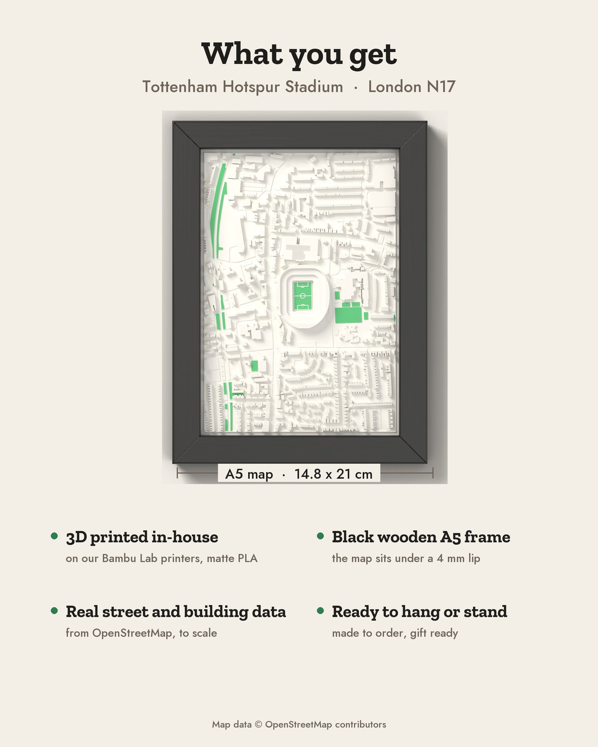 3D Tottenham Hotspur Stadium Map Framed - What you get: A5 3D stadium map, 14.8 x 21 cm, in a black wooden frame