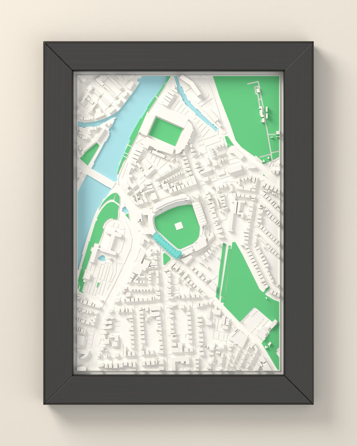 3D Trent Bridge Cricket Ground Map Framed - 3D printed Trent Bridge map in a black wooden A5 frame, lit from the side