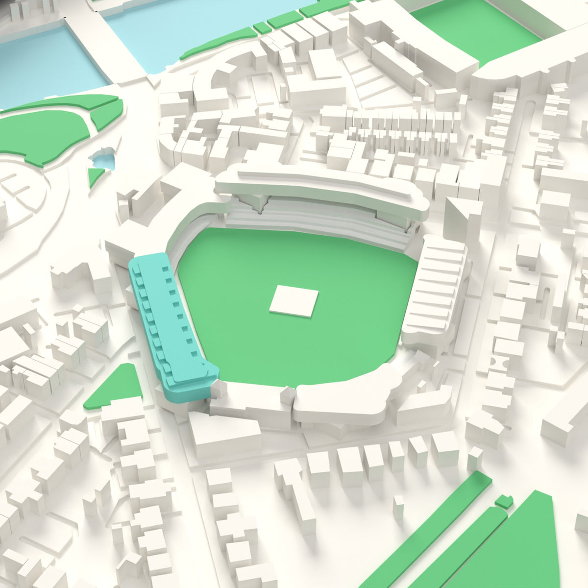 3D Trent Bridge Cricket Ground Map Framed - Trent Bridge on the 3D printed map, seen from above the corner of the ground