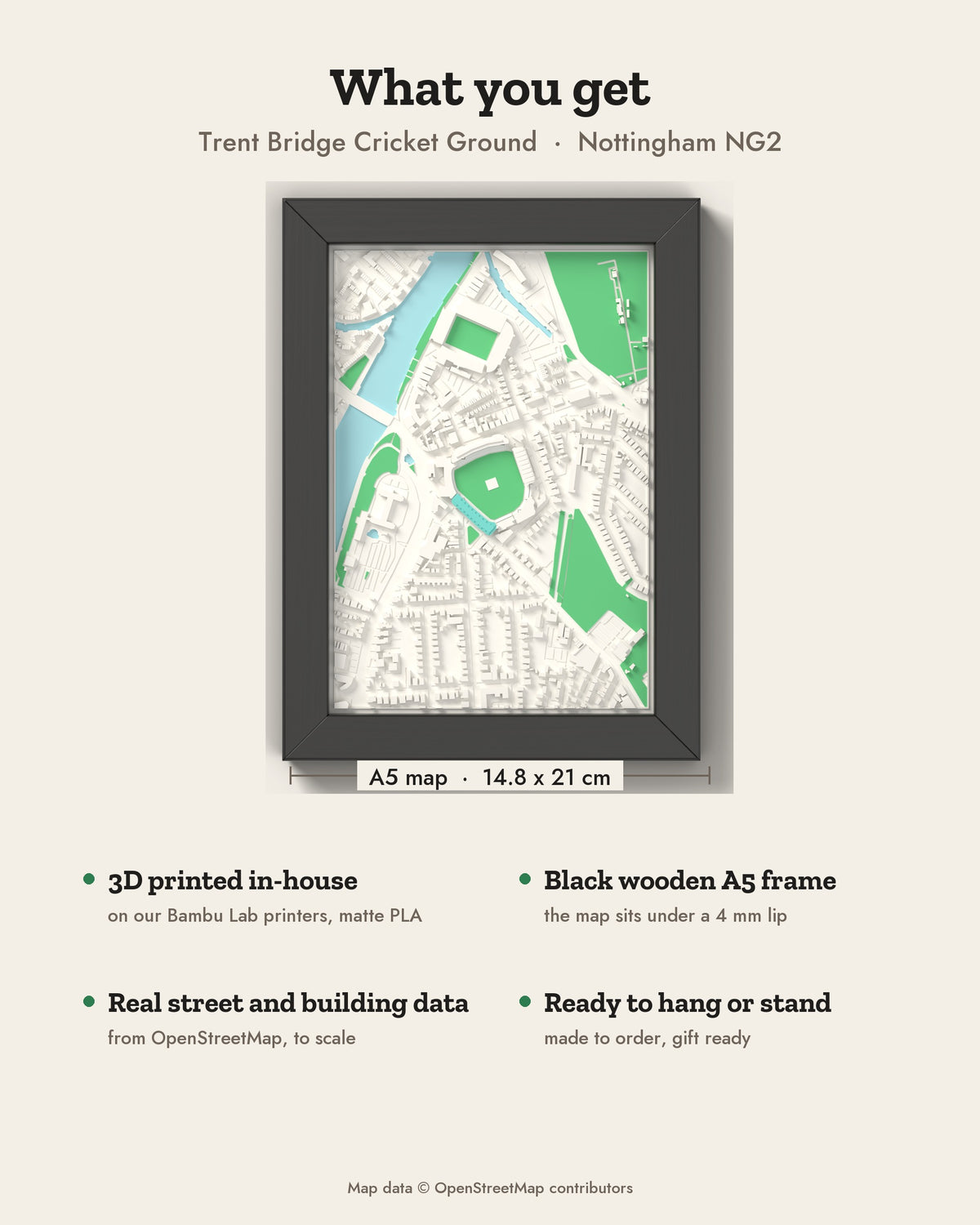 3D Trent Bridge Cricket Ground Map Framed - What you get: A5 3D map, 14.8 x 21 cm, in a black wooden frame