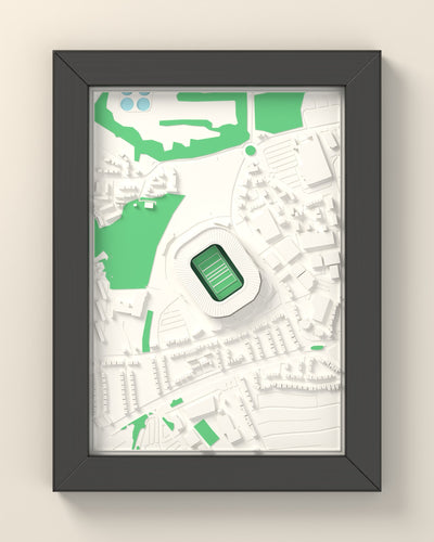 3D Twickenham Stadium Map Framed - 3D printed Twickenham Stadium map in a black wooden A5 frame, lit from the side
