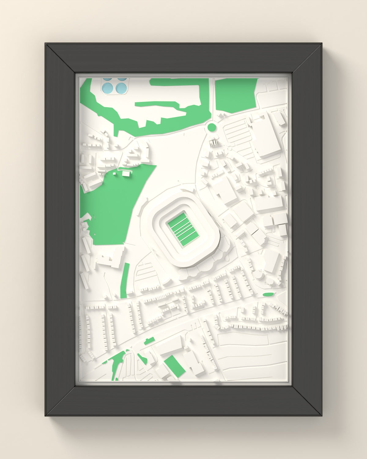3D Twickenham Stadium Map Framed - 3D printed Twickenham Stadium map in a black wooden A5 frame, lit from the side